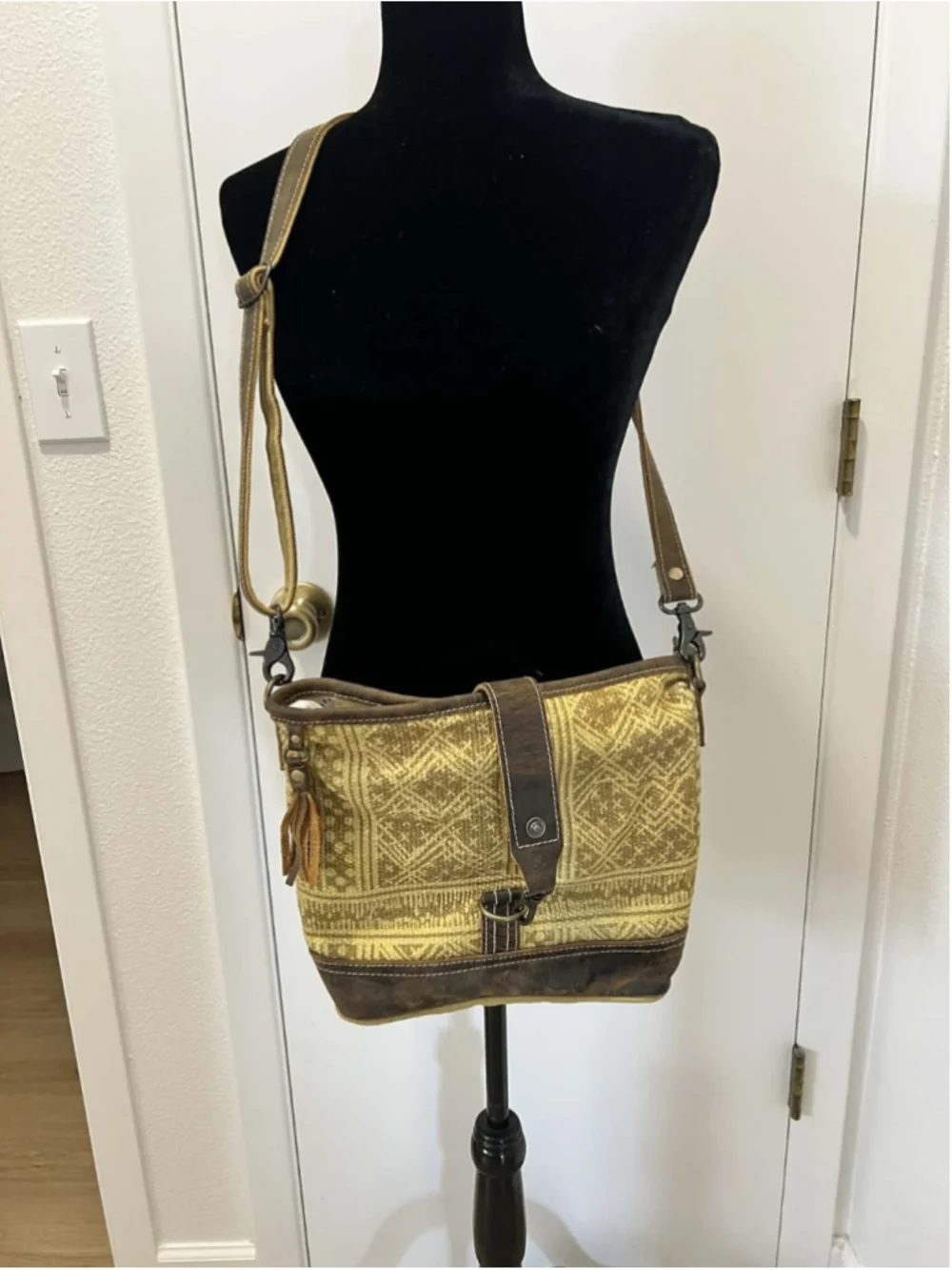 Myra Bag Canvas & Leather Crossbody Shoulder Bag Tribal Woven Design Boho Tote